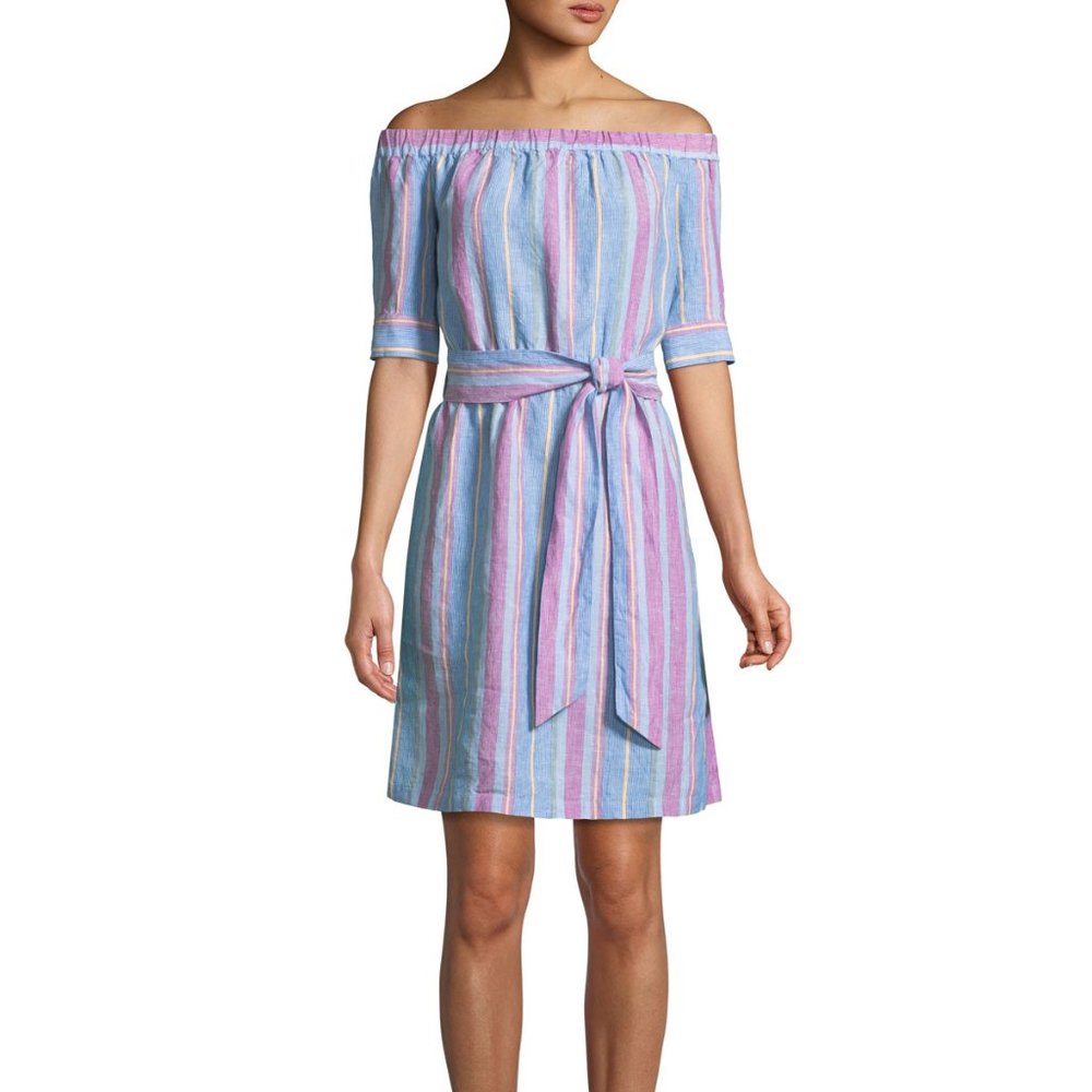 FRAME DENIM OFF THE SHOULDER STRIPED LINEN DRESS SZ XS
